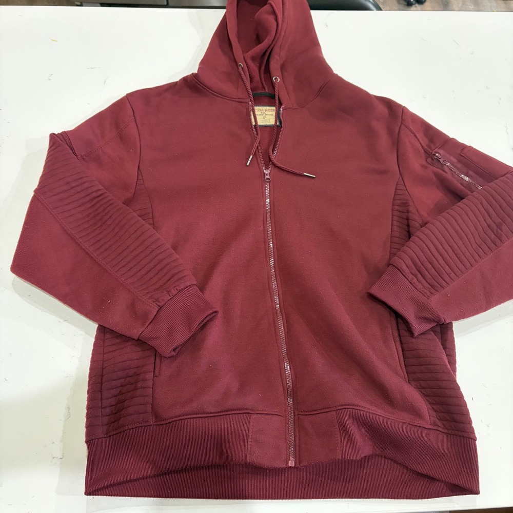 Hudson & Barrow NYC Mens 2X Burgundy Moto Ribbed Full Zip Hoodie Sweatshirt